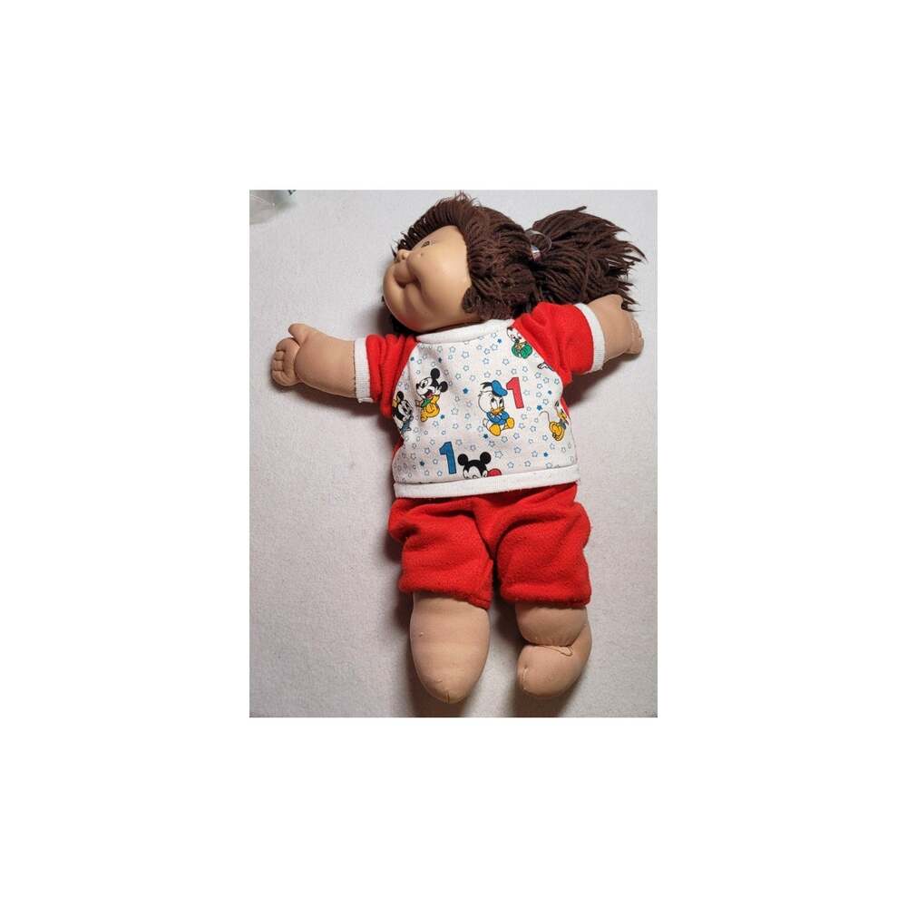 Vtg 80s Cabbage Patch Kids Doll OK Factory No Butt Stamp Mickey Fleece Outfit